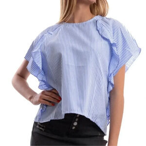 Zara Blouse XL Fairycore Peasant Blue White Stripe Ruffle Sleeve Cottagecore